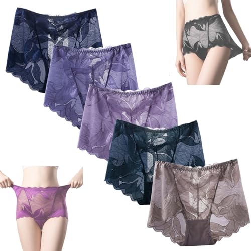 ljhjdkxf Damen-Slip aus Satin mit Blumenmuster, Damen-Höschen aus Seidenspitze mit hohler Stickerei, Nahtlose sexy Spitzenhöschen in Übergröße (5 PCS-K,L) von ljhjdkxf