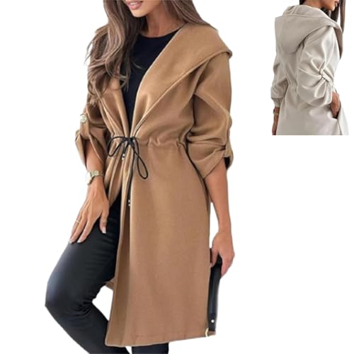 ljhjdkxf Lange Kapuzenjacke mit Bindegürtel für Damen, lässiger Trenchcoat mit Reverskragen, offener Vorderseite und Kapuzengürtel (Khaki,M) von ljhjdkxf