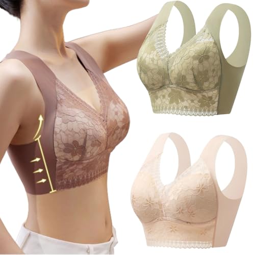 ljhjdkxf Orthopädischer Anti-Sagging-BH, haltungskorrigierender, atmungsaktiver Push-up-BH für ältere Frauen, haltungskorrigierender BH (2 Pcs-Green/Skin,5XL) von ljhjdkxf