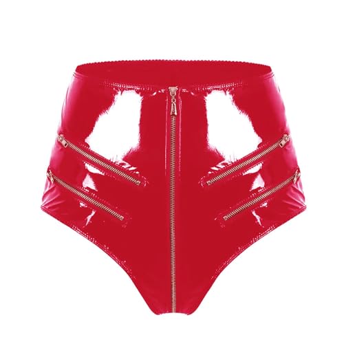 mDsD Damen Leder Short Sexy Glänzend Reißverschluss Hotpants Frauen PU Shorts Lederhosen für Beach Party Bar Nachtclub (2XL,rot) von mDsD