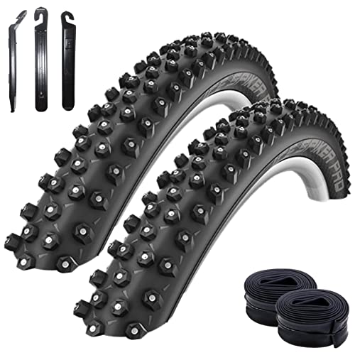 2 x Schwalbe Ice Spiker Pro RaceGuard Winterreifen Fahrradreifen in Schwarz 54-559 (26 x 2.10) + 2 Schwalbe Schläuche DV13 inkl. 3 Reifenheber von maxxi4you