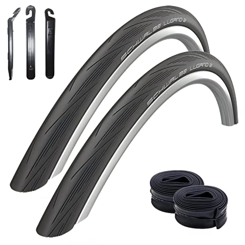 2 x Schwalbe Lugano 2 "28" Rennradreifen Reifen Schwarz 700 x 23C (23-622) + 2 Schwalbe Schläuche SV15 lang (60 mm) inkl. 3 Reifenheber von maxxi4you