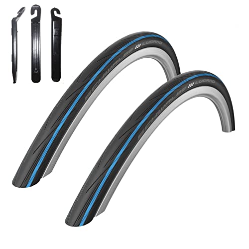 2 x Schwalbe Lugano 28" Rennradreifen Reifen Schwarz - Blauer Streifen 700 x 25C (25-622) inkl. 3 Reifenheber von maxxi4you