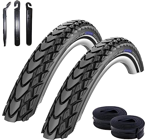 2 x Schwalbe Marathon Mondial Fahrradreifen RaceGuard Pannenschutz mit Reflexstreifen 50-559 (26 x 2,00") + 2 Schwalbe AV13 Schläuche inkl. Reifenheber von maxxi4you