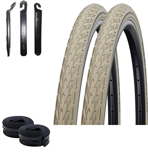 Angebot-Set / 2 x Schwalbe Delta Cruiser Plus 28" Fahrradreifen Fahrradmantel mit Reflex in Creme 40-635 (28 x 1 1/2) + 2 Schwalbe Schläuche SV17 inkl. 3 Reifenheber von maxxi4you