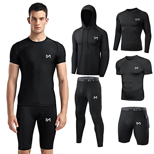 meeteu 5pcs Herren Sportbekleidung Fitness Set, Atmungsaktiv Funktionsshirt Herren langarm+Hoodies+Kompression T-shirt+Laufhose herren+Sport Shorts für Männer Running Gym Workout von meeteu