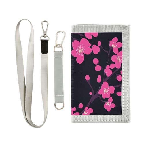 miaozhen Cherry Blossom Fashion Black Magenta Trifold Holder with Money Clip for Travel Cool Sturdy Slim Wallet for Men with Lanyard Cartera Para Hombre, Cherry Blossom Fashion Black Magenta, 1 size von miaozhen