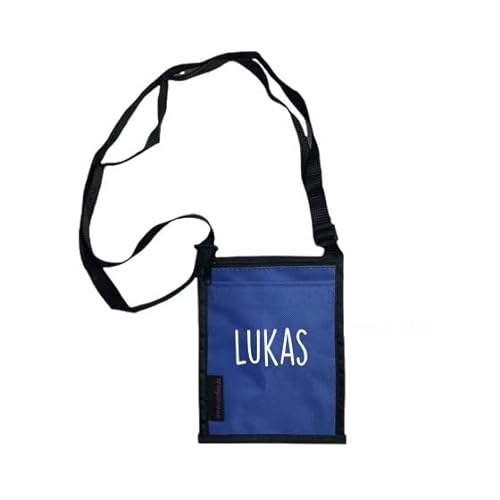 Brustbeutel mit Namen Bedruckt | personalisierbare Brusttasche 17x13 cm | zum Umhängen mit Klarsichtfenster für Schülerausweis Buskarte (blau) von minimutz