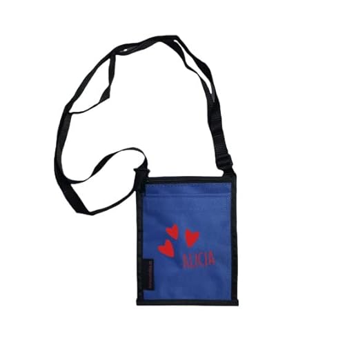 Brustbeutel mit Namen & Herzen Bedruckt | personalisierbare Brusttasche 17x13 cm | zum Umhängen mit Klarsichtfenster für Schülerausweis Buskarte (blau) von minimutz
