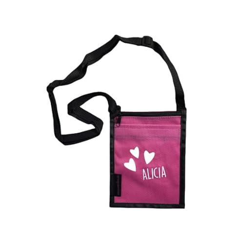 Brustbeutel mit Namen & Herzen Bedruckt | personalisierbare Brusttasche 17x13 cm | zum Umhängen mit Klarsichtfenster für Schülerausweis Buskarte (pink) von minimutz