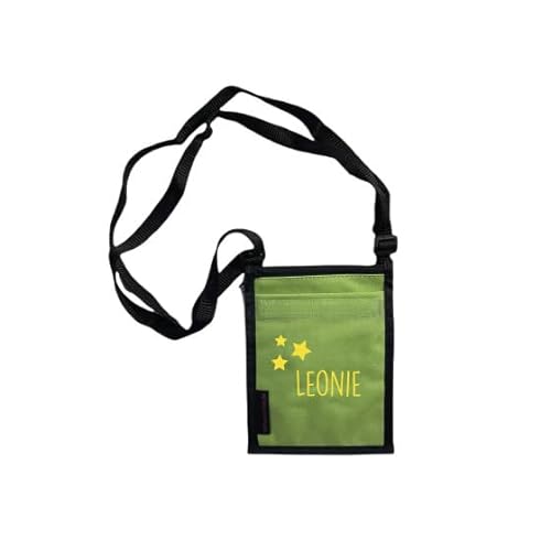 Brustbeutel mit Namen & Sternen Bedruckt | personalisierbare Brusttasche 17x13 cm | zum Umhängen mit Klarsichtfenster für Schülerausweis Buskarte (grün) von minimutz