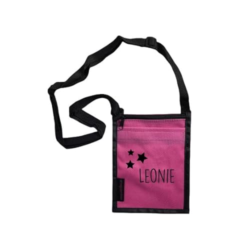 Brustbeutel mit Namen & Sternen Bedruckt | personalisierbare Brusttasche 17x13 cm | zum Umhängen mit Klarsichtfenster für Schülerausweis Buskarte (pink) von minimutz