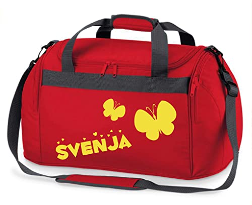 Kinder-Sporttasche mit Namen Bedruckt | Personalisierbar mit Motiv Schmetterling | Reisetasche Duffle Bag für Mädchen in Pink, Blau, Grün (rot) von minimutz