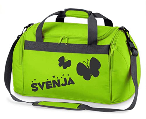 Kinder-Sporttasche mit Namen Bedruckt | Personalisierbar mit Motiv Schmetterling | Reisetasche Duffle Bag für Mädchen in Pink, Blau (Grün) von minimutz