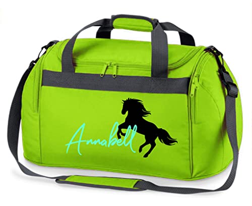 Reittasche mit Namensdruck personalisiert | Motiv aufsteigendes Pferd mit Name | Trage- und Sporttasche für Mädchen zum Reiten in vielen Farben verfügbar (apfelgrün) von minimutz