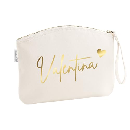 minimutz Schminktasche für Mädchen mit Name | Motiv kleines Herz inkl. Namensdruck | Personalisierte Schminktasche Ordnungshüter Damen Mädchen (M, Beige) von minimutz