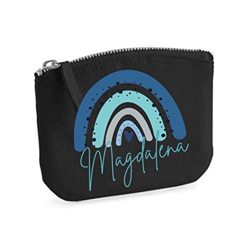 minimutz Schminktasche mit Name für Mädchen | Motiv Regenbogen in blau | kleine Kosmetiktasche für Frauen & Kinder personalisiert | Make-up Täschchen mit Reißverschluss (14 x 11 cm, schwarz) von minimutz