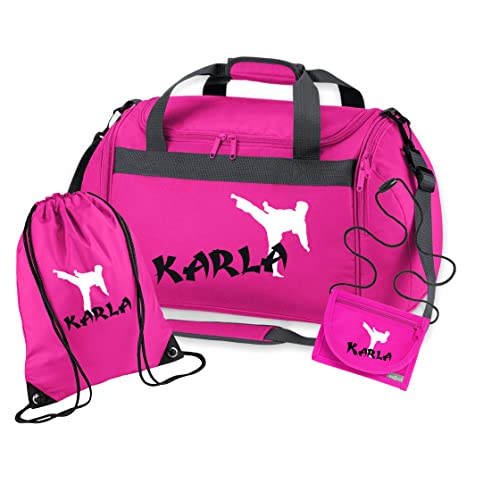 Sporttasche Karate mit Namen für Jungen | Personalisierte Kinder-Reisetasche Kampfsport Judo | Groß für Sport-Verein (pink 3-TLG. komplett) von minimutz