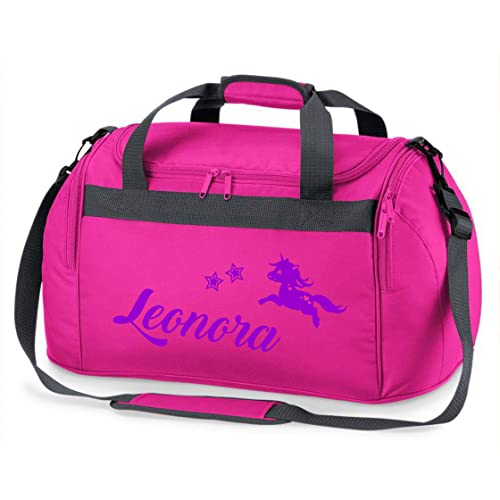 minimutz Sporttasche Mädchen mit Namen |springendes Einhorn und Sterne | Personalisierbare und Bedruckte Reisetasche Duffle Weekender Bag (pink) von minimutz