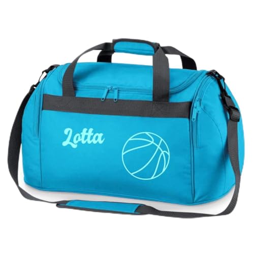 Sporttasche mit Namen Bedruckt für Kinder | Personalisierbar mit Motiv Basketball | Reisetasche Duffle Bag für Mädchen und Jungen Sport (türkis) von minimutz