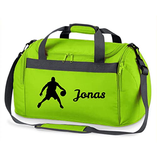 Sporttasche mit Namen Bedruckt für Kinder | Personalisierbar mit Motiv Basketball Spieler | Reisetasche Duffle Bag für Jungen Mädchen Sport (grün) von minimutz