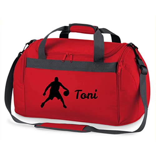 Sporttasche mit Namen Bedruckt für Kinder | Personalisierbar mit Motiv Basketball Spieler | Reisetasche Duffle Bag für Jungen Mädchen Sport (rot) von minimutz