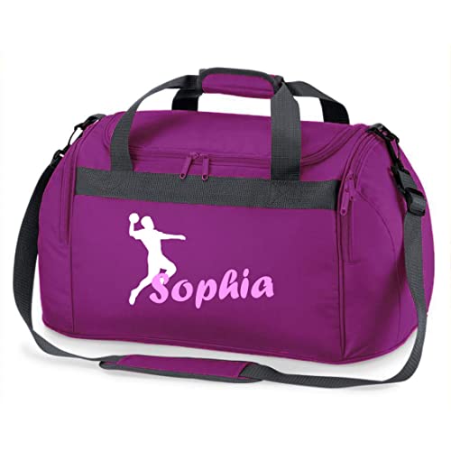 Sporttasche mit Namen Bedruckt für Kinder | Personalisierbar mit Motiv Handball | Reisetasche Duffle Bag für Mädchen und Jungen | Handballspieler Sport (lila) von minimutz