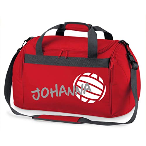 Sporttasche mit Namen Bedruckt für Kinder | Personalisierbar mit Motiv Volleyball | Reisetasche Duffle Bag für Mädchen und Jungen in Schwarz, Blau, Grün, Pink, Rot (Rot) von minimutz