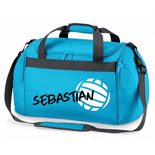 Sporttasche mit Namen Bedruckt für Kinder | Personalisierbar mit Motiv Volleyball | Reisetasche Duffle Bag für Mädchen und Jungen in Schwarz, Blau, Grün, Pink, Rot (Türkis) von minimutz