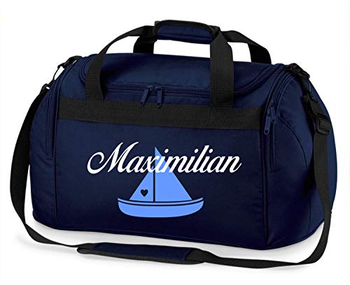 minimutz Sporttasche mit Namen | Motiv Segel-Boot Schiff | Personalisieren & Bedrucken | Reisetasche Schwimmtasche Mädchen Jungen Wasser-Sport (dunkelblau) von minimutz