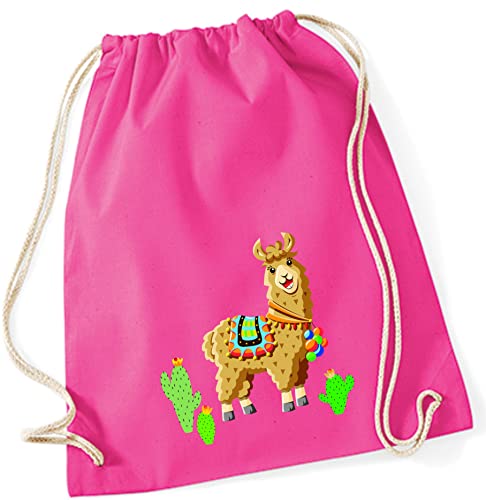 Turnbeutel für Kinder | Motiv Lama mit Kaktus | Schuhbeutel Sportrucksack Jutebeutel zum Zuziehen für Mädchen & Jungen | Stoffbeutel mit Kordel für Schule Kindergarten Freizeit (Pink) von minimutz