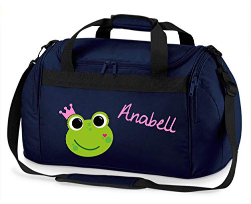 große Sporttasche mit Namen | inkl. Namensdruck | Motiv Frosch-Königin | Stofftasche Reisetasche Umhängetasche für Kinder Mädchen Krone grün rosa schwarz (dunkelblau) von minimutz