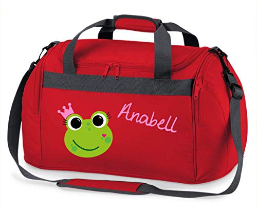 große Sporttasche mit Namen | inkl. Namensdruck | Motiv Frosch-Königin | Stofftasche Reisetasche Umhängetasche für Kinder Mädchen Krone grün rosa schwarz (rot) von minimutz
