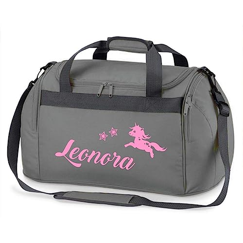 minimutz Sporttasche Einhorn mit Sternen und Namen personalisiert | Kinder-Reisetasche groß für Sport-Verein (grau) von minimutz