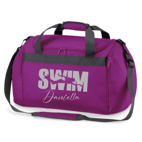 minimutz Sporttasche Schwimmen für Kinder - Personalisierbar mit Name - Schwimmtasche Swim Duffle Bag für Mädchen und Jungen (lila) von minimutz