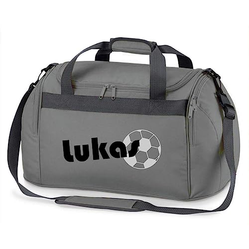 minimutz Sporttasche mit Namen | inkl. NAMENSDRUCK | Motiv Fußball | Personalisieren & Bedrucken | Reisetasche Jungen Ball Sport-Verein groß (grau) von minimutz