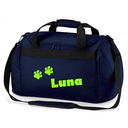 minimutz Sporttasche mit Pfoten | Personalisiert mit Namen | Sporttasche für Tierliebhaber Kinder | Hundetasche für die Tierpension | Reisetasche und Urlaubs-Tasche für Tiere (dunkelblau) von minimutz