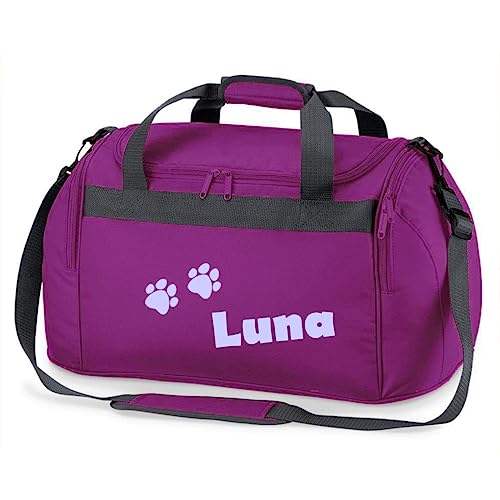 minimutz Sporttasche mit Pfoten | Personalisiert mit Namen | Sporttasche für Tierliebhaber Kinder | Hundetasche für die Tierpension | Reisetasche und Urlaubs-Tasche für Tiere (lila) von minimutz
