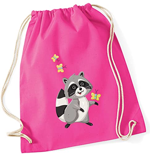 minimutz Turnbeutel für Kinder | Motiv Waschbär Willy mit Schmetterlingen | Schuhbeutel Sporttasche zum Zuziehen für Mädchen & Jungen | Stoffbeutel mit Kordel für Schule, Kindergarten, Freizeit (pink) von minimutz