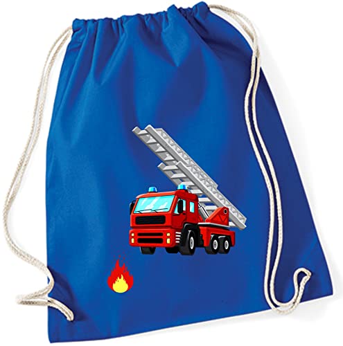 minimutz Zuzieh Turnbeutel für Kinder | Motiv Feuerwehr mit Leiter & Flamme | Schuhbeutel Sportbeutel zum Zuziehen für Jungen | Stoffbeutel mit Kordel (Royalblau) von minimutz