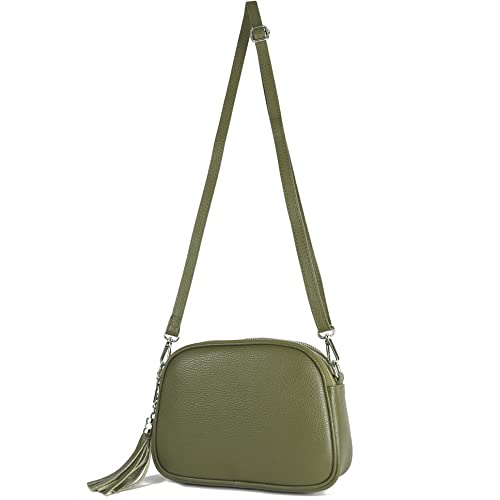 modamoda de - T238 - ital. Damen Umhängetasche Leder Medium, Farbe:Olivgrün von modamoda de