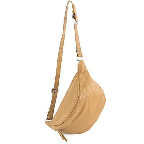 modamoda de - T77 - ital. Hüfttasche Bauchtasche Brusttasche Medium aus weichem Leder, Farbe:Beige von modamoda de