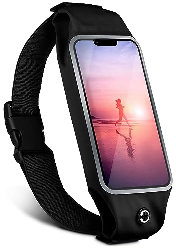 moex Laufgürtel Handy für Apple iPhone 13 Pro Max Lauftasche Jogging Tasche Wasserfest, Slim Running Belt Flexibel mit Sichtfenster, Laufgurt zum Joggen Bauchtasche Sport, Schwarz von moex