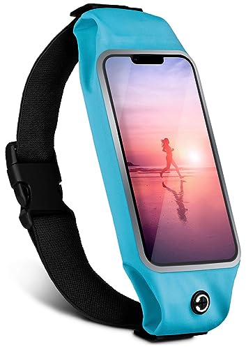 moex Laufgürtel Handy für Apple iPhone 13 Pro Max Lauftasche Jogging Tasche Wasserfest, Slim Running Belt Flexibel mit Sichtfenster, Laufgurt zum Joggen Bauchtasche Sport, Türkis von moex