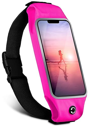 moex Laufgürtel Handy für Apple iPhone 14 Pro Lauftasche Jogging Tasche Wasserfest, Slim Running Belt Flexibel mit Sichtfenster, Laufgurt zum Joggen Bauchtasche Sport, Pink von moex