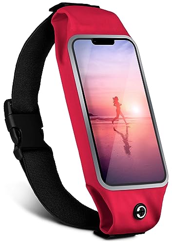 moex Laufgürtel Handy für Apple iPhone 14 Pro Max Lauftasche Jogging Tasche Wasserfest, Slim Running Belt Flexibel mit Sichtfenster, Laufgurt zum Joggen Bauchtasche Sport, Rot von moex