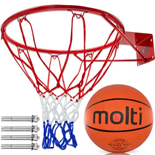 Molti HangRing Ř 45cm Ř 37cmBasketballring Basketballkorb Basketball Set mit Ball, Netz und Befestigungsschrauben Basketballspiel Teamsport Indoor&Outdoor (Rot, 37cm) von molti