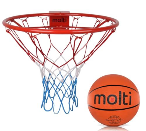 molti Basketball Set für Kinder | Ball Gr. 5| Ř 45 cm Basketballkorb mit Wandhalterung und abnehmbarem Basketballnetz Basketballring in Profigröße zur Wandmontage | 4 Befestigungsschrauben von molti