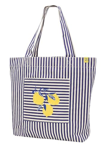 moses. Fernweh XL Shopper Lemon – 40cm große, gestreifte Tragetasche aus 100% Baumwolle, für deinen Strandurlaub oder Einkauf, mit Standboden und Außenfach von moses