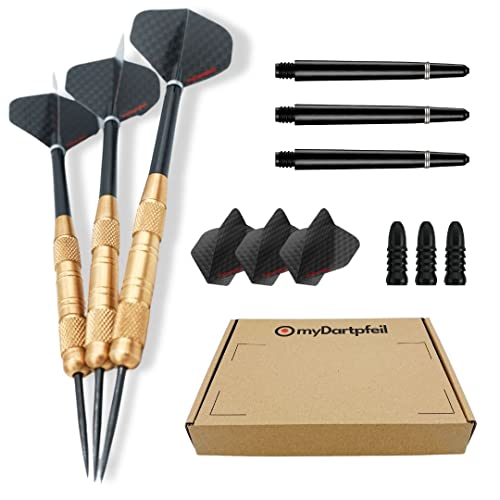 Dartpfeile mit Metallspitze für Dartscheibe | Profi Steel-Darts 22g mit Stahl Spitze | Dart-Set mit Schäften und Darts Flights | Steel Dartpfeile und Darts Zubehör in schwarz von myDartpfeil